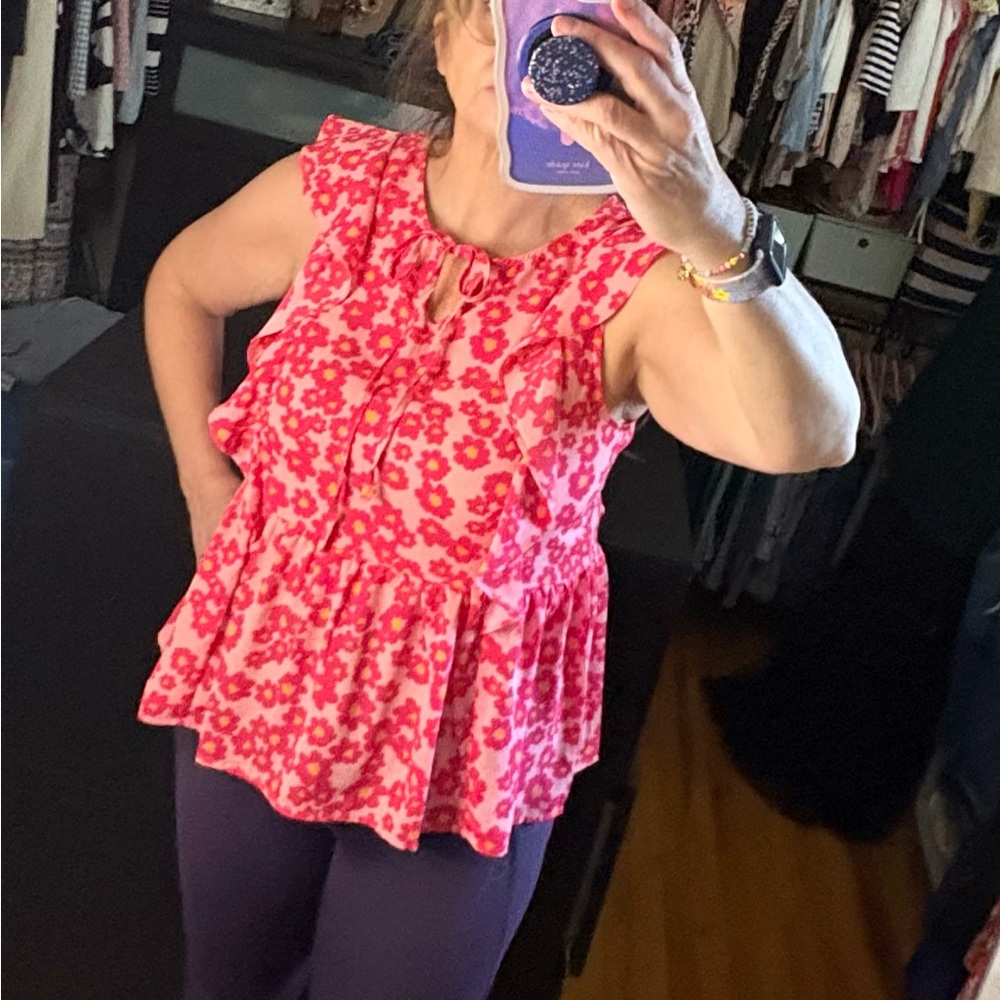 Sleeveless Pink Floral Ruffle Peplum Top